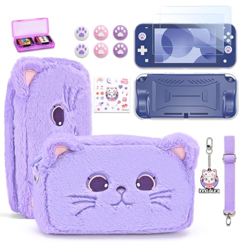 Image of innoAura Switch Lite Case 14-in-1 Accessories Bundle for NS Switch Lite (2019), with Protective Carrying Case, Game Holder, Screen Protector & Cute Thumb Grips, Purple Cat Plush Bag