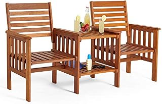 VonHaus Love Seat for Garden - 2 Seater Jack & Jill Love Seat Patio Set - 2 Person Hardwood Garden Loveseat - Companion Set, 2 Tier Table w/Shelf & Built-in Parasol Hole for Terrace Balcony & Outdoor