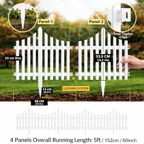 Image of Klick N Shop Garden Fence Outdoor Border (4 Panels - 5ft Length-White) Decorative Plastic PVC Garden Edging Fence for Lawn, Flower Bed & Pathway | Interlocking Weather-Resistant Picket Fence Border