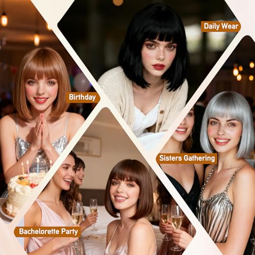 Image of PLULON Orange Brown Short Bob Wig with Bangs for Women, Colorful Neon Short Bob Synthetic Hair Wigs with Hair Cap Heart Sunglasses for Men Daily Bachelorette Halloween Costume Party Supplies
