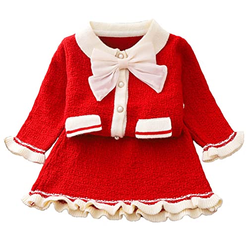 Fall Outfit For Girls, Toddler Ruffles Knitted Buttons Tops Mini Smocked Pleated Skirt Bowknot Christmas Clothes Set For Kids Photo Shoot Casual Birthday Party Dress Red - Bowknot 4-5 Years #TOP20