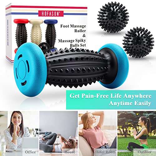 Hofason Foot Roller Massage Ball For Plantar Fasciitis Relief, Foot Arch Pain, Myofascial Pain And Body Muscle Pain, Foot Massager Reflexology Tool, 1 Foot Massage Roller & 2 Spiky Balls (Black Blue) #TOP6