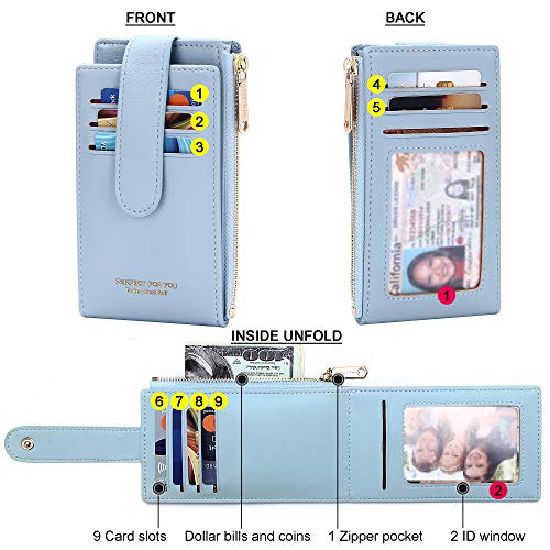 Image of Badiya Slim Women Wallet RFID Blocking Bifold Compact 9 Card Slots Holder Wallets Soft Leather with Zipper Coin Pocket 2 ID Window