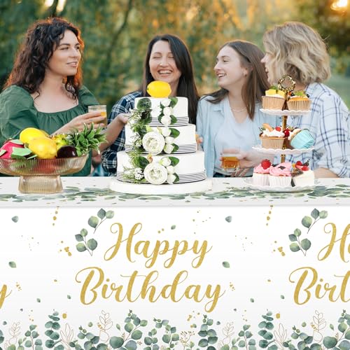 Image of Hahafelt 3 Pcs Sage Green Disposable Tablecloth Happy Birthday Table Cover 54 x 108 Inch Eucalyptus Leaf Plastic Table Cloth Greenery Birthday Party Decorations for Boys Girls Women Men
