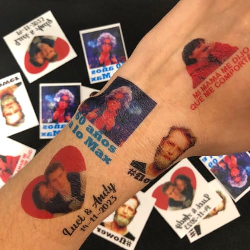 25 personalisierte 4x4 cm temporäre Tattoos mit Ihrem Foto - Ideal für Events, Hochzeiten, Partys und Geburtstage - Temporäre Tattoos