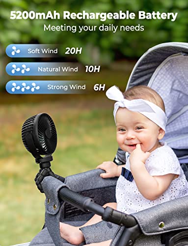 Vosfeel Stroller Fan Clip On For Baby - Battery Operated Fan With Light - 3 Wind Levels Tripod Handheld Fan For Stroller Beach Camping Bike Desk Car #TOP2