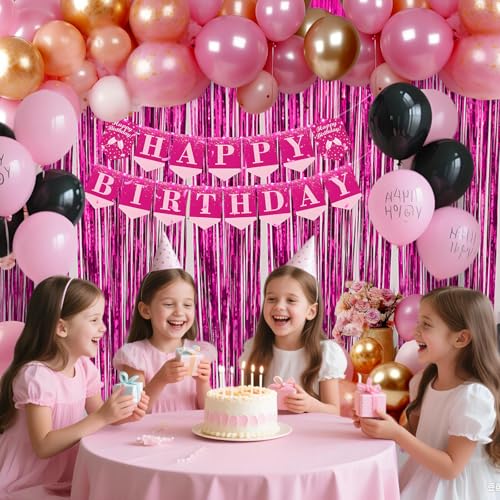 Image of 2 Pack Hot Pink Backdrop Party Decorations Tinsel Foil Fringe Curtain Backdrop Streamer Photo Booth for Wonmen Girl Pink Theme Princess Bachelorette Graduation Birthday Party Decorations