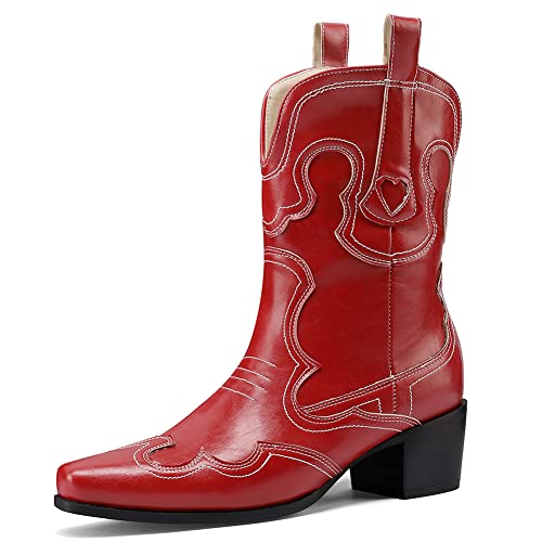 Image of Womens Embroidered Cowgirl Boots Pull On Cowboy Boots for Women Floral Low Chunky Heel Western Boots