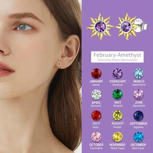 ChicSilver 925 Sterling Silver Earrings Dainty Sun Earrings Small Round Birthstone Earring for Women with Gift Box3