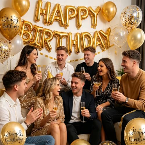 Image of Metal Happy Birthday Balloons Colorful Metallic Decorative Balloons Birthday Party Decor Room Decor House Decor For Wedding Birthday Anniversary Graduation Party Decorations Supplies (gold)