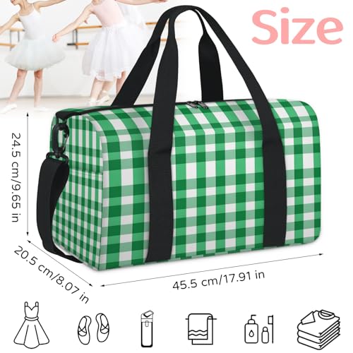 Green and White Checkered Gym Bag for Women, Duffle Bag for Travel Sport, Lightweight Waterproof Carry on Weekender Dance Yoga Workout Bags, Plaid Design2