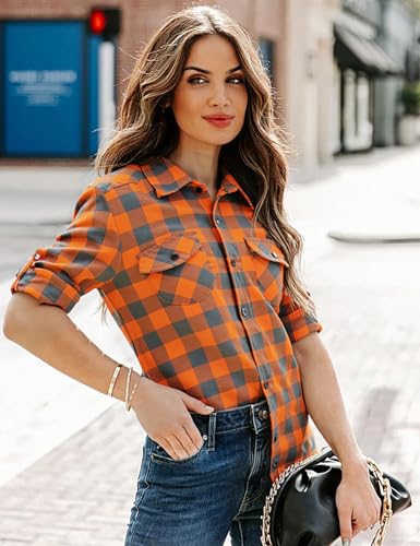 Genhoo Womens Flannel Shirts Roll Up Long Sleeve Plaid Shirt Collared Button Down Gingham Casual Top S-4XL4