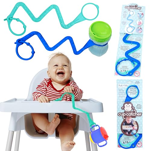 Image of Brilli Baby Cup Catcher Patented Safety Tether Strap, Attach Sippy Cups, Bottles, Pacifiers & More to Stroller, High Chair, Car Seat, Made in USA, Food Grade, Dishwasher Safe, Aqua/Navy