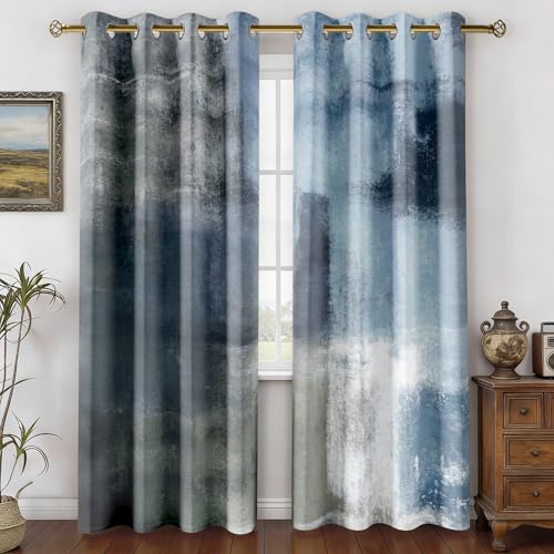 Image of Asuexpect Dusty Blue Abstract Curtains 2 Panels Set Navy Grey Geometric Curtain Modern Chic Window Treatments Decorative for Farmhouse Living Room Bedroom Window 50% Darkening Curtain 52x84 Inch