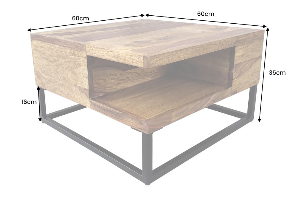 Couchtisch GIANT 60cm - schwarz - Sheeshamholz - handgefertigt Unikat | Massiv, montiert, Stauraum, hochwertig, individuelle Maserung, robust, Industrial Design, Ablagefach, Metallgestell