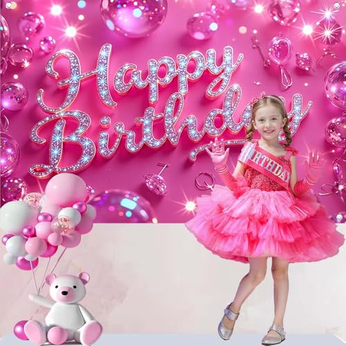 Image of Pink Happy Birthday Backdrop for Women Hot Pink Happy Birthday Banner-70.8x43.3 inch Reusable Birthday Party Decorations