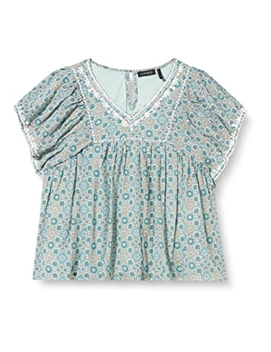 IKKS Junior Blouse Fluide Motif Vert/Bleu et Broderie Blanche XU12052.52, Aqua imprimé géométrique, 14 Ans Fille