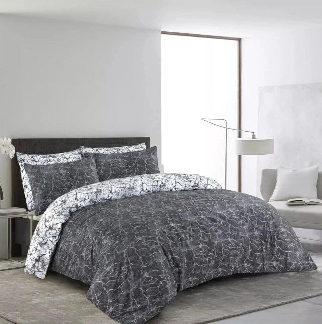 Super King Duvet Cover Set - Super Soft Brushed Microfibre Hotel Quality Gift Bedding, Lightweight, Grey Quilt Covers Double King Superking Size Reversible Bed Sets (Black Marble, Super King)