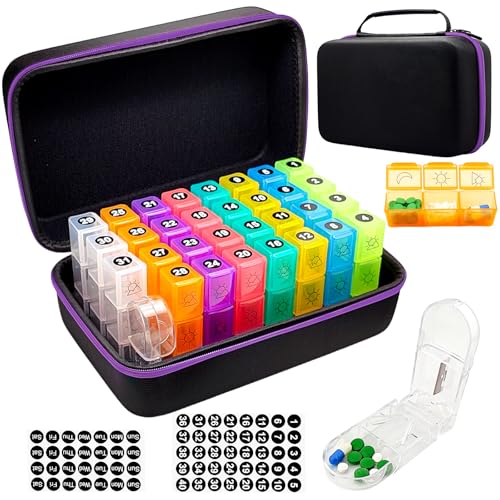 Monthly Pill Organizer 3 Times a Day 31-Day Monthly Pill Organizer Travel Pill Organizer with Pill Cutter AM PM Storage Case Monthly & Weekly Stickers(Black Purple Border)
