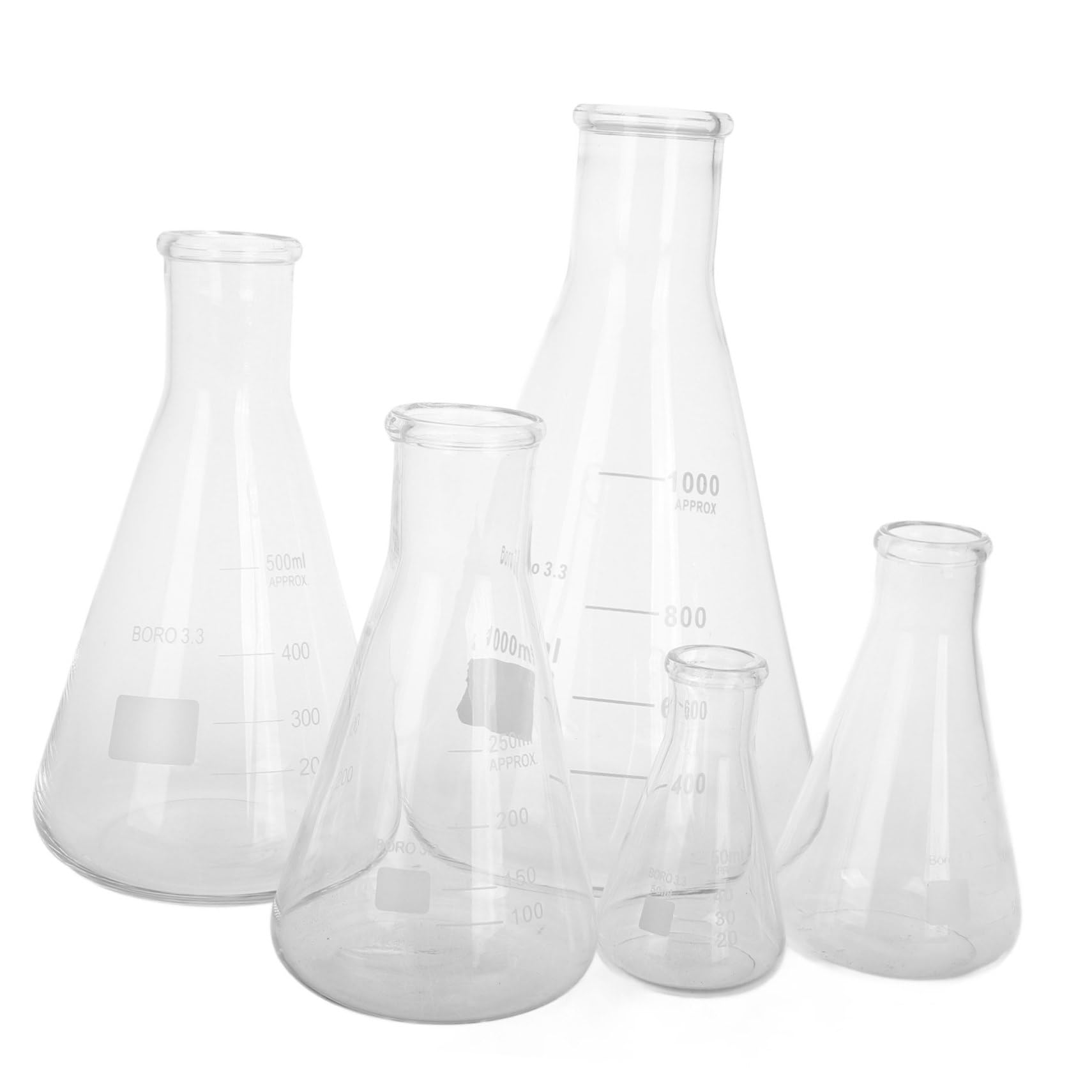 PRETYZOOM Matraces Erlenmeyer Fácil Vertido de Vidrio de Borosilicato Resistentes a Altas Temperaturas Juego de 5 Base Triangular para Laboratorio Científico