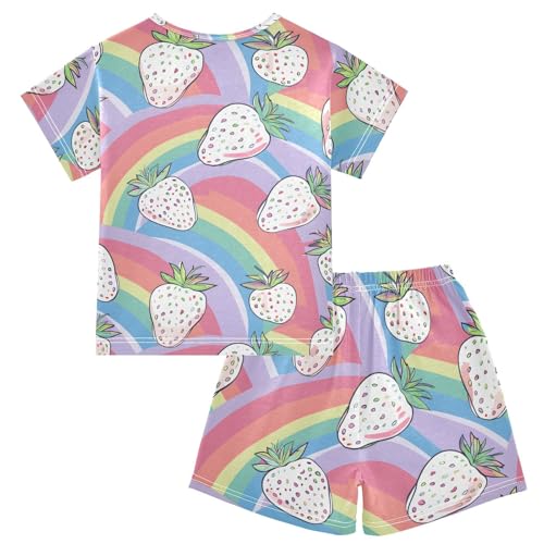 ALAZA White Strawberry Cartoon Rainbow Pajamas Short Sleeve 2 Piece Sleepwear Top and Bottom Pajama Set Unisex2
