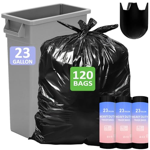 23 Gallon Heavy Duty Trash Bags 1.1 Mil THICK 120 Count with 4 Innovative Flap Ties Compatible with Rubbermaid & Winco & United Solutions 23 Gallon Slim Jim Trash Can Tear & Leak Resistant