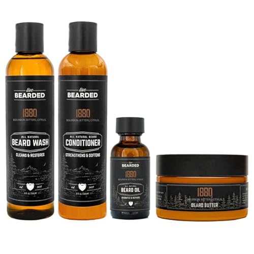 Live Bearded Complete Beard Grooming Kit, Made in the USA with All-Natural Ingredients – Beard Wash, Conditioner, Beard Butter & Beard Oil Kit – Mens Beard Grooming Set, in Scent 1880, Sweet Bourbon
