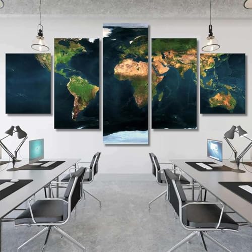 Habiller un mur vide avec ce tableau carte du monde vintage en toile 5 pièces prêt à suspendre
