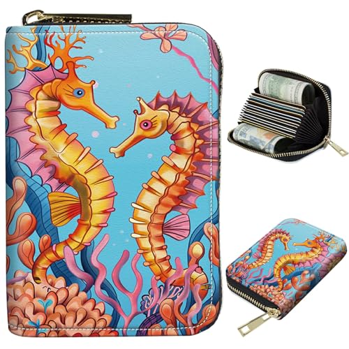 Image of Cute Credit Card Holder with Zipper, Seahorse RFID-Blocking Card Case Small Wallet for Women Men, Multi-slot Card Organizer Case Travel Accordion Wallet