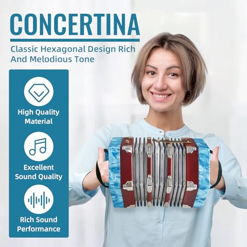 Concertinas，20 Buttons Accordion For Adults Professional Accordion for Beginners, Adjustable Hand Strap, Musical Instrument Accessories With Carrying Bag, Harmonica,Wipe Cloth（Blue） - Thumbnail 2