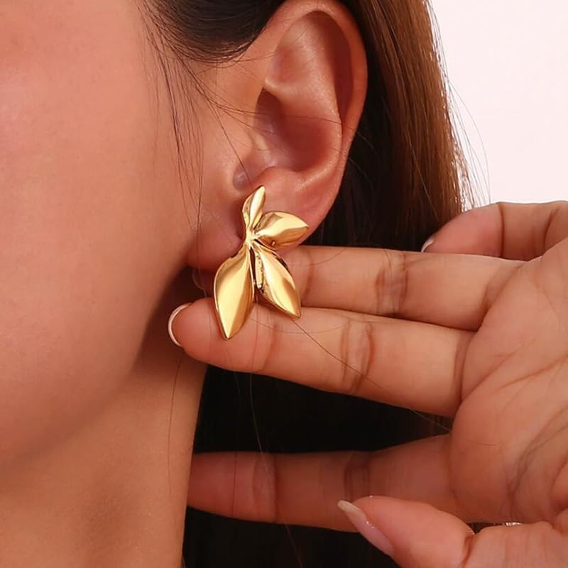 18K Gold Plated Leaf Stud Earrings for Women – Bold Nature-Inspired Pierced Statement Jewelry - Image 5