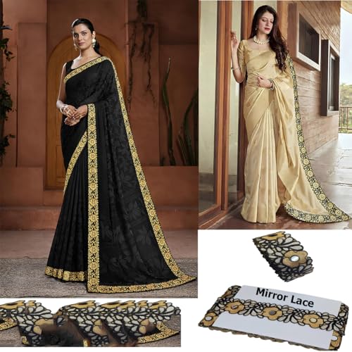 Image of Balar Creation Golden Mirror Work Lace Border Material 2 inch Width 9 Meters - Designer Cutwork Embroidery Gota Patti Silver Zari Trim Stone Laces for Saree, Suits, Blouse, Hijab, Dress, Lehenga & Dupatta (Black)