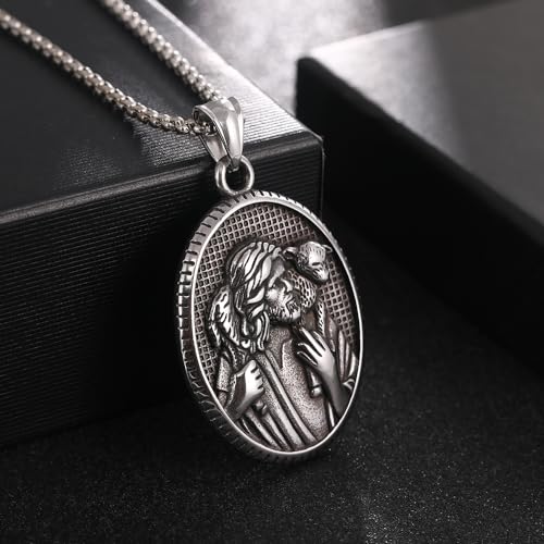 NIGHTCRUZ Jesus Shepherd Necklace, Oval Religious Medal Medallion Stainless Steel for Men Women2