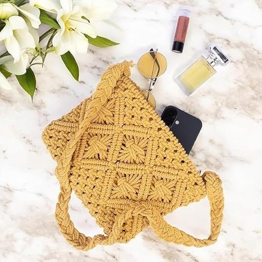 Women's Handmade Macrame Crossbody Sling Bag Tote Bags Boho Style Fancy Ladies Purse with Tassel For Girls Women's Mobile Pouch Friends Gifts Birthday Marriage Party and Events, 1- Piece Yellow-image-42