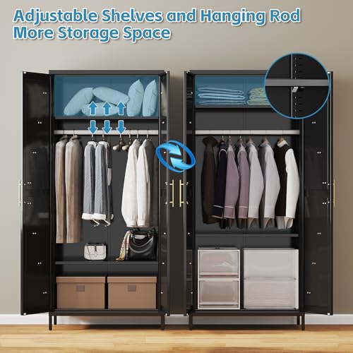 Image of Aobabo 2 Door Metal Wardrobe Cabinet with Hanging Rod, Metal Wardrobe Closet with 2 Adjustable Shelves, Storage Lockers for Home,Office,Installation Required, Black