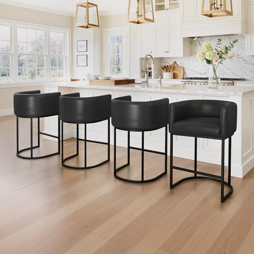 Image of LUE BONA Counter Height Bar Stools Set of 4, Modern Barrel Counter Stools with Backrest and Arms, Black Metal Frames, Faux Leather Upholstered Accent Barstools for Kitchen Island, Black