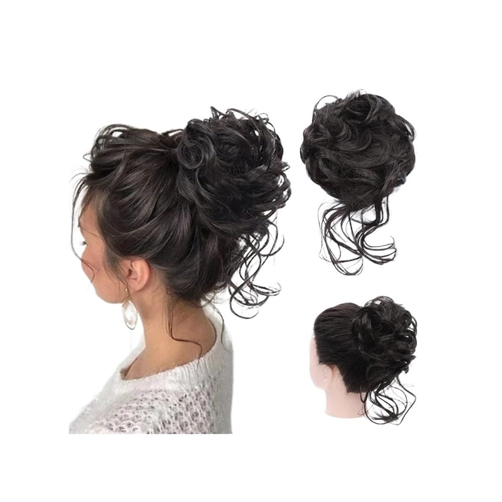 QRSTUVXZY Messy Bun Hair Piece, Scrunchies for Women Tousled Updo Bun Synthetic Wavy Curly Chignon Ponytail Hairpiece Hair Accessories(Natural black)