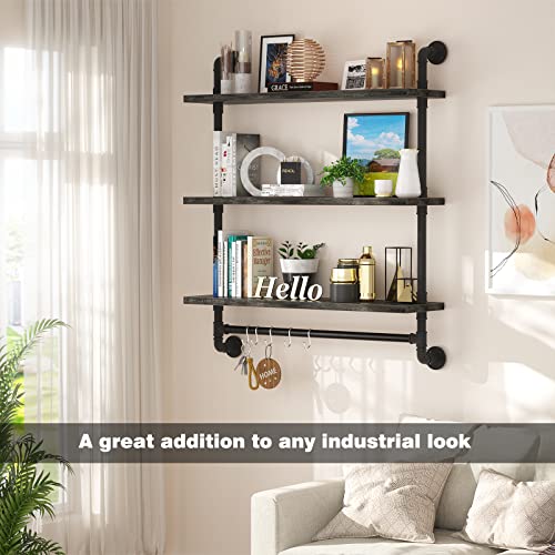 Armocity 3 Tier Floating Shelves Industrial Pipe Shelving Iron Pipe Shelves With Towel Bar, Wood Bathroom Shelves Wall Mounted Pipe Wall Shelf With Hooks For Bedroom, Bathroom, Living Room, Grey #TOP4