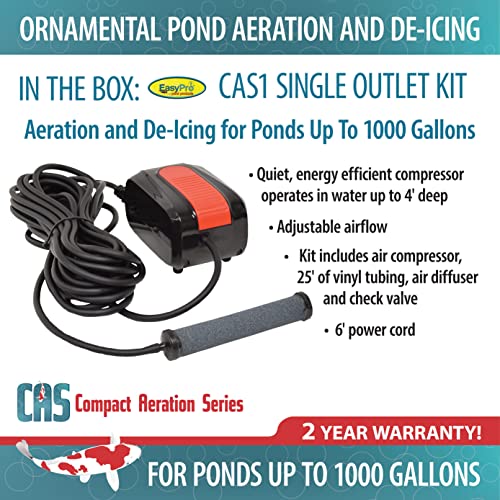 Easypro Cas1: Compact Aeration Kit For Water Gardens & Koi Ponds (Up To 1000 Gal & 4' Deep) | Single Outlet, Single Stone Diffuser | Quiet Operation | 2-Year Compressor Warranty #TOP3