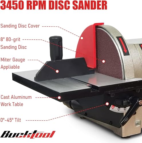 Image of BUCKTOOL Rotating Base Belt Disc Sander with Y-Fitting,4x36 inch Belt,8 inch Disc | Bench Sander with 3 /4HP Direct Drive,2161FPM,3450RPM,Dual Dust Ports for Woodworking,Contour Sanding,Dust Control