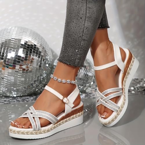 Summer women's thick-soled slope-heel sandals with a fashionable cross design, silver large-sized beach daily outdoor3