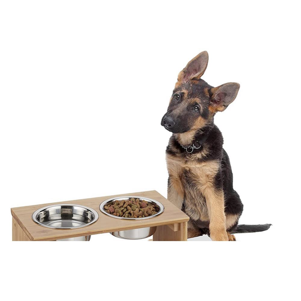 Gamelles surélevées - pour Chiens et Chats - Supports surélevés en Bambou avec 2 gamelles d'eau et de Nourriture en Acier Inoxydable - avec Pieds antidérapants (Deux Bols (Bois Naturel))