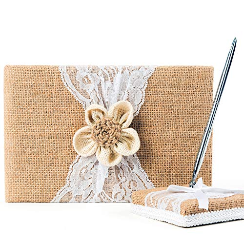 Rustic Wedding Guest Book Made of Burlap and Lace - Includes Burlap Pen Holder and Silver Pen - 120 Lined Pages for Guest Thoughts - Comes in Gift Box (Petal Flower)