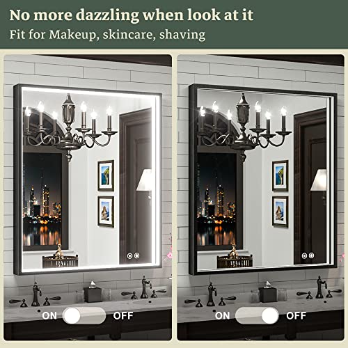 Tokeshimi 28 X 36 Inch Led Black Lighted Bathroom Vanity Mirror With Non-Rusting Aluminum Alloy Matte Frame 3 Colors Side Lights Anti-Fog Memory Funtion Stepless Dimmable For Bathroom Decor #TOP6