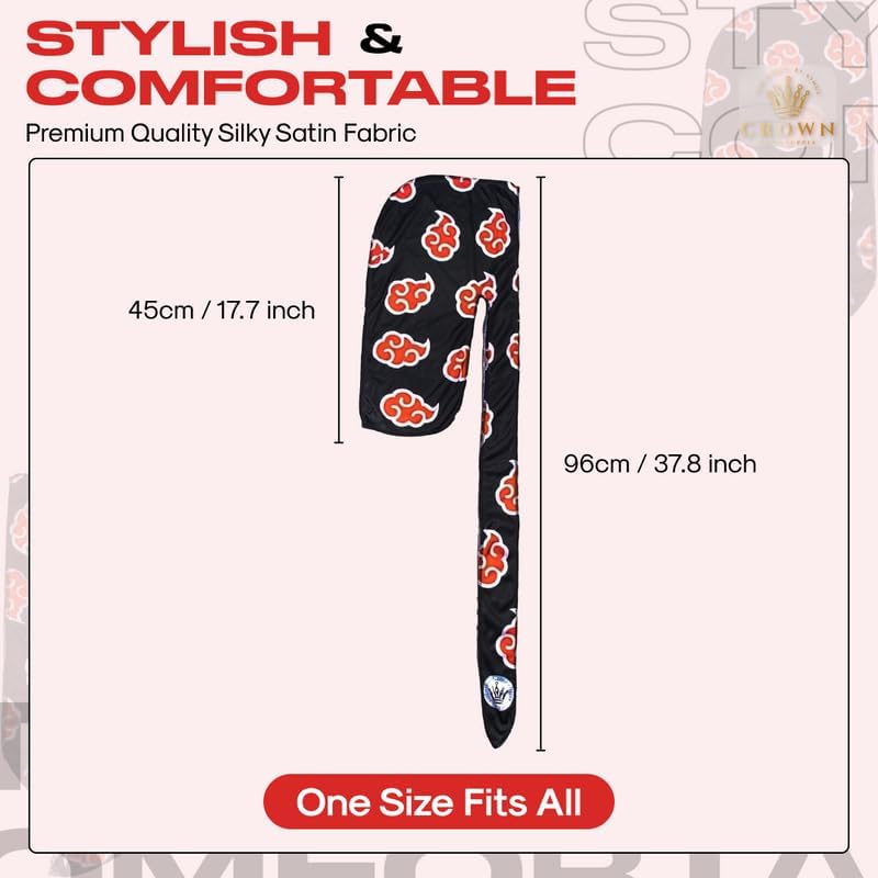 Miniatura 5 de Durag de anime sedoso de lujo con colas largas y anchas, tela satinada suave para una compresión cómoda, Rojo y Negro