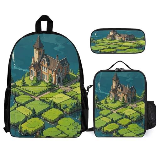 3-in-1 Backpack Combination Set Everglades Academy Print 3Pcs Backpack Sets Travel Daypack with Lunch Bag And Cosmetic Bag