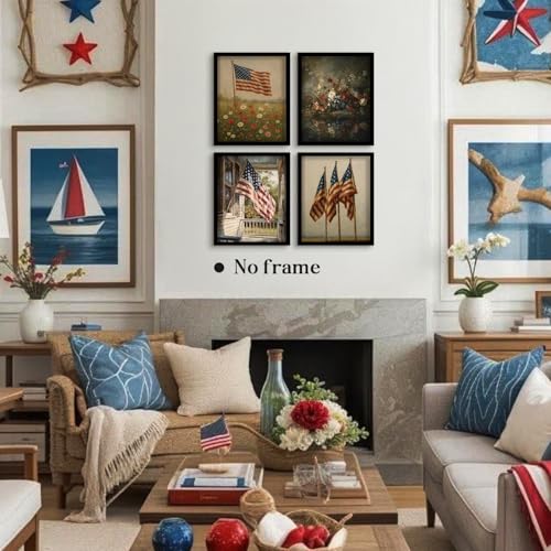 Image of WEFKODO Patriotic Decor Vintage Wall Art for Home Bathroom Bedroom, Vintage Retro America Flag Flower Wall Decor 4th of July Decorations Pictures Posters Prints 4Pcs, 8x10 Inch Unframed