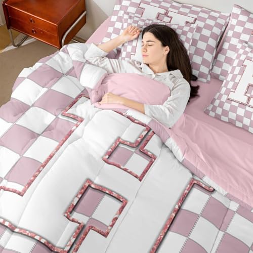 Image of Erosebridal Pink Initial H King Comforter Set with Sheets 7 Piece Kawaii Plaid Checkered Bed in A Bag Cute Personalized Monogram Bedding Sets for Kids Girls Teen Women,Fashion Grids Gingham Bed Set