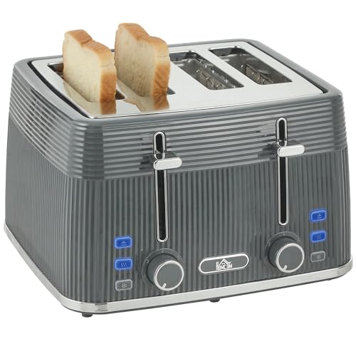 HOMCOM 4 Slice Toaster with 7 Browning Levels Self-Centring 1860W Grey