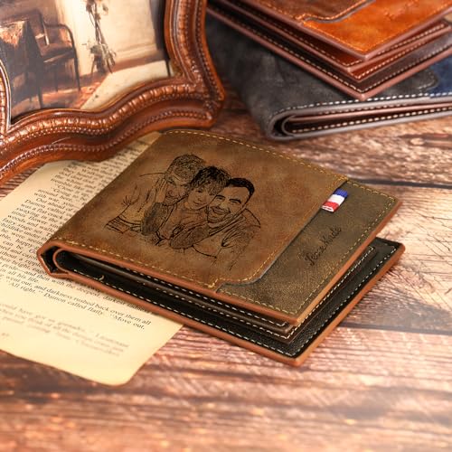 Custom Wallets for Dad Personalized Leather Wallets for Men Engraved Photo Names Customized Gift from Kids Daughter Wife Bifold Wallet (Style 2-coffee color)3